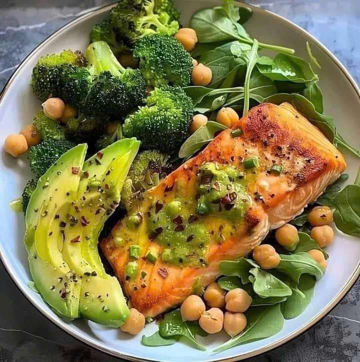 Roasted Salmon with Chickpeas, Broccoli, and Avocado Salad