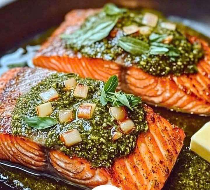 Salmon and Steak Skillet with Honey Pesto Sauce